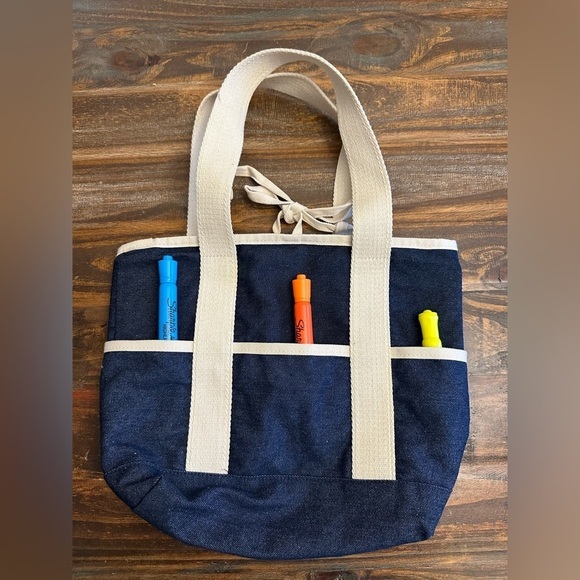 Dark Wash Blue Denim Tote Bag 9x14x8 Beige Handles 4 Pockets 3 Sections NWOT‎ - Picture 1 of 9